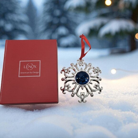 Lenox Silver-Plated Snowflake Ornament With Blue Gem & Red Ribbon In Gift Box - Picture 1 of 7